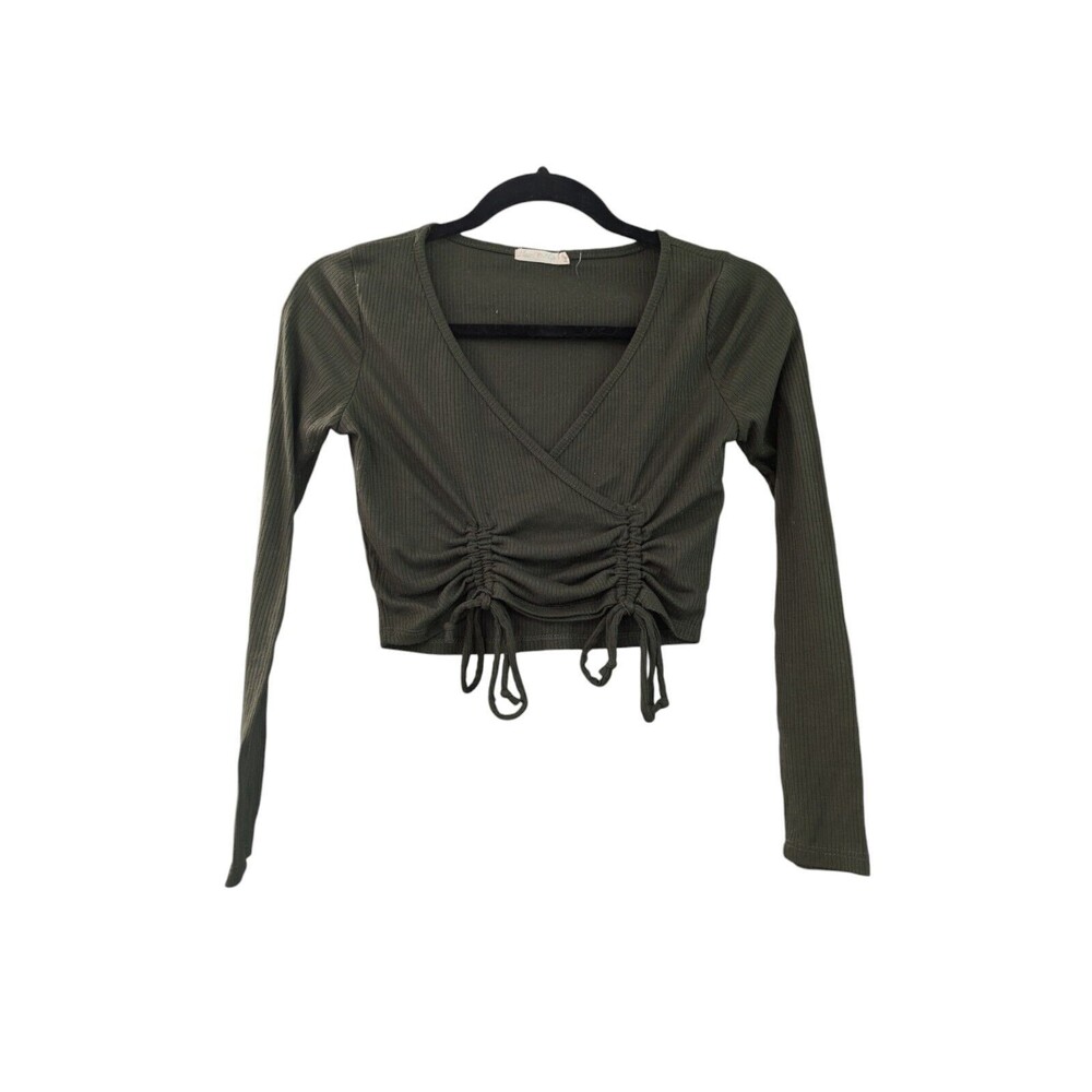 Heart & Hips Long Sleeve Crop T-Shirt: Dark Green Tops Size Small